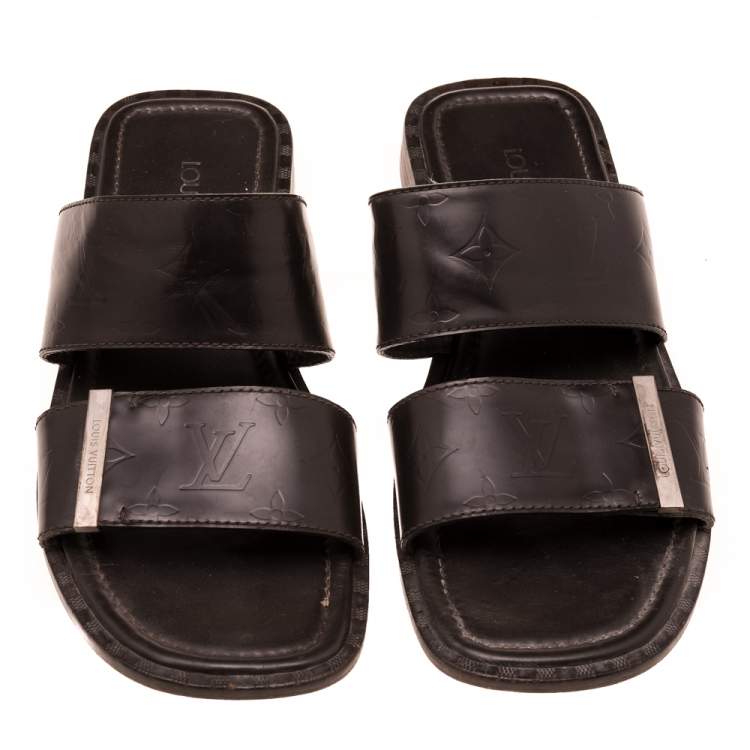 Pre Owned Louis Vuitton Dark Brown Monogram Embossed Leather Flat Slide Sandal Size 41.5
