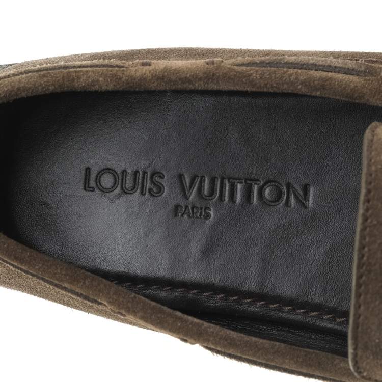 Pre Owned Louis Vuitton  Khaki Green Suede Imola Tassel Loafers Size 42