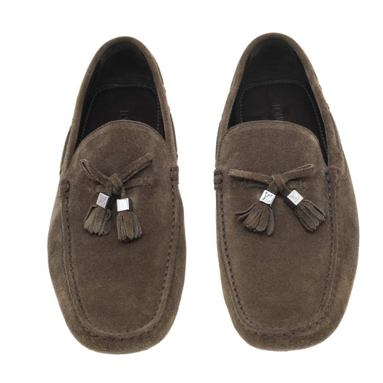 Pre Owned Louis Vuitton  Khaki Green Suede Imola Tassel Loafers Size 42