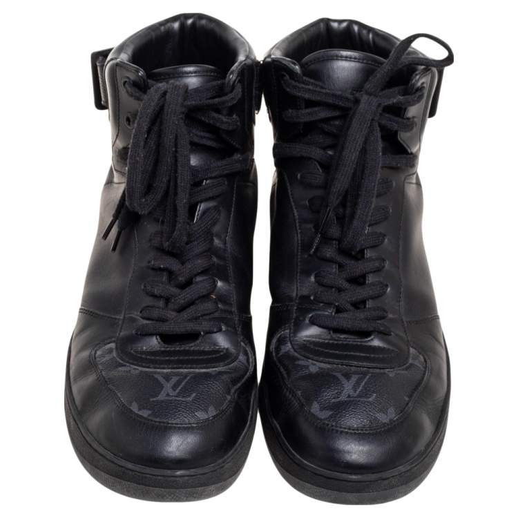 Pre Owned Louis Vuitton Black Monogram Canvas and Leather Rivoli Sneaker Boots Size 43.5