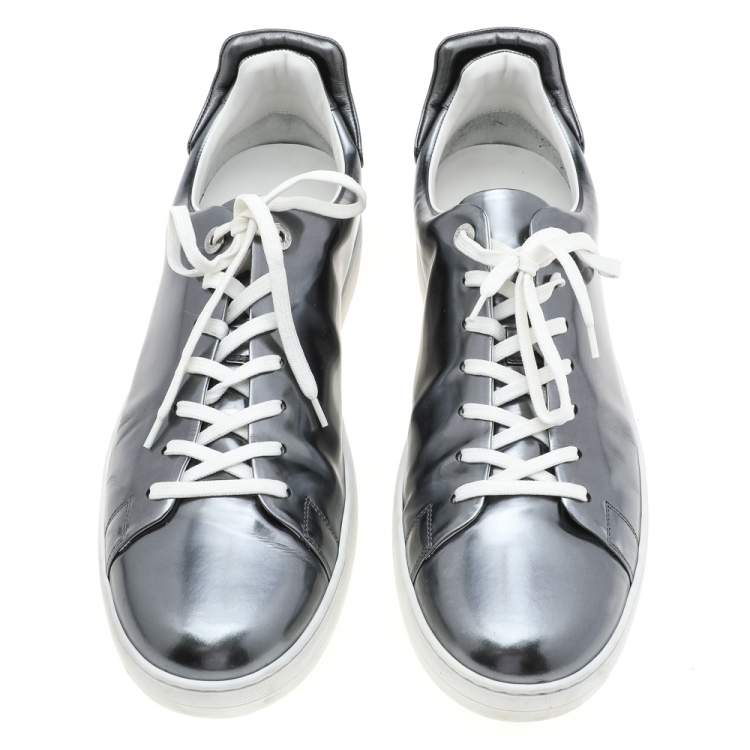 Pre Owned Louis Vuitton Metallic Silver Leather Frontrow Low Top Sneakers Size 45