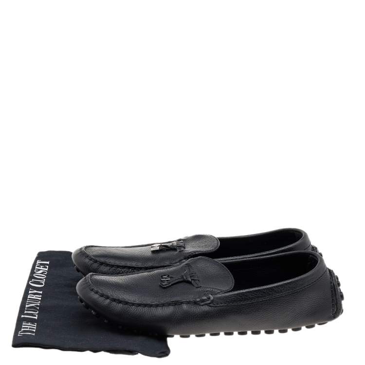Pre Owned Louis Vuitton Black Leather Logo Bow Slip On Loafers Size 44