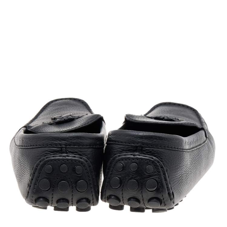 Pre Owned Louis Vuitton Black Leather Logo Bow Slip On Loafers Size 44