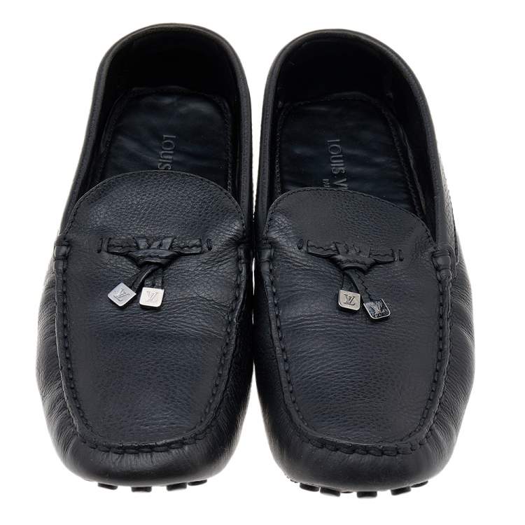 Pre Owned Louis Vuitton Black Leather Logo Bow Slip On Loafers Size 44