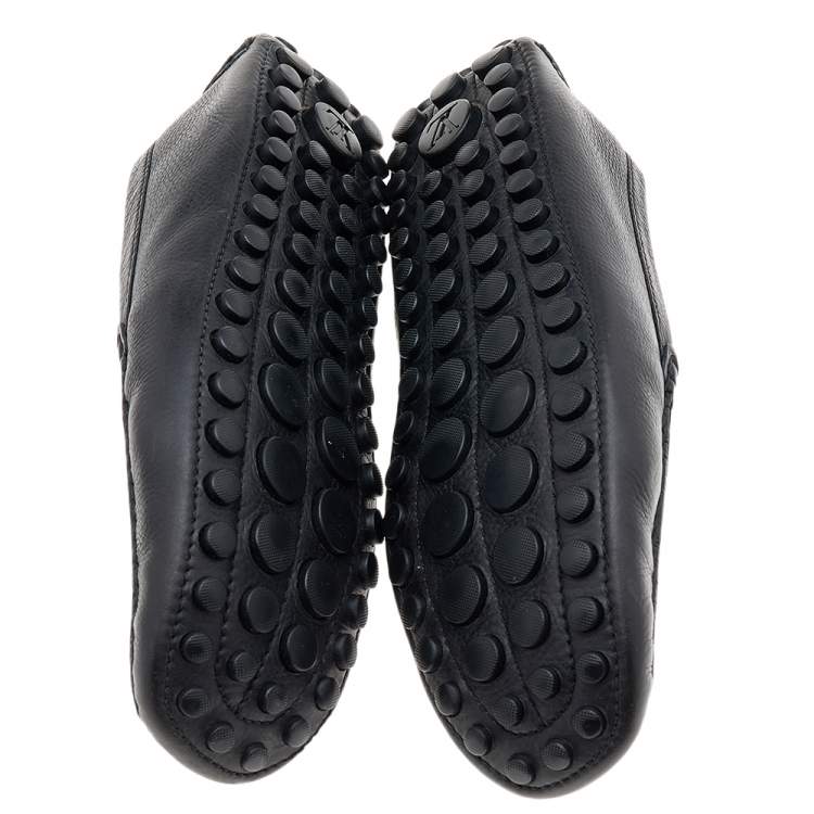 Pre Owned Louis Vuitton Black Leather Logo Bow Slip On Loafers Size 44