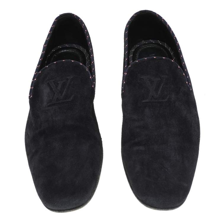 Pre Owned Louis Vuitton Navy Blue Suede Logo Smoking Slippers Size 43