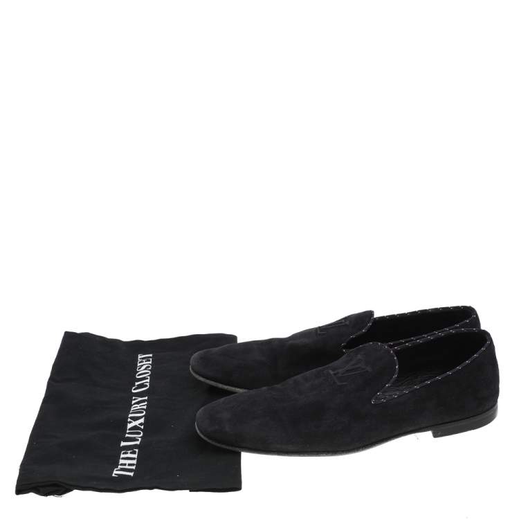 Pre Owned Louis Vuitton Navy Blue Suede Logo Smoking Slippers Size 43