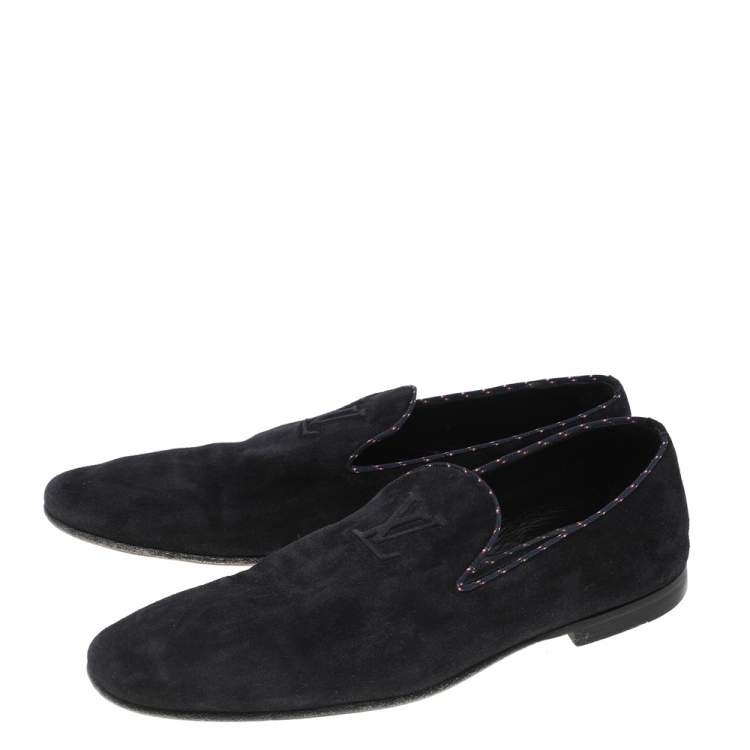 Pre Owned Louis Vuitton Navy Blue Suede Logo Smoking Slippers Size 43
