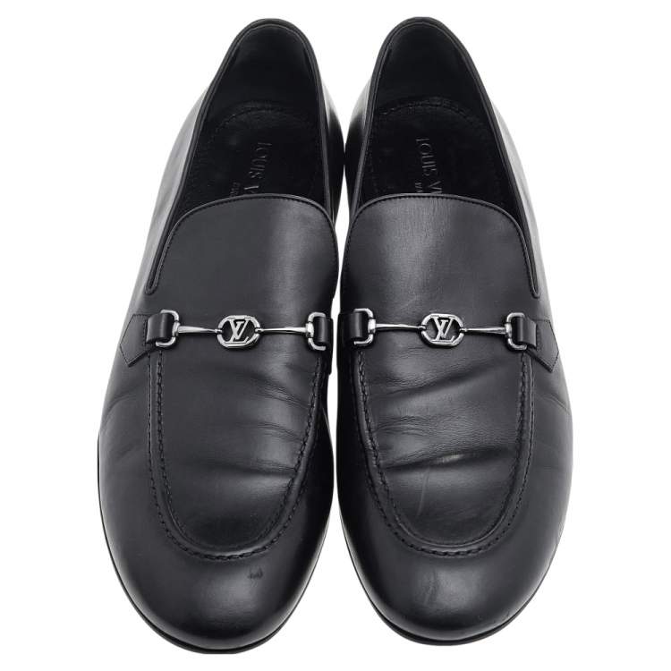 Pre Owned Louis Vuitton Black Leather Slip on Loafers Size 45