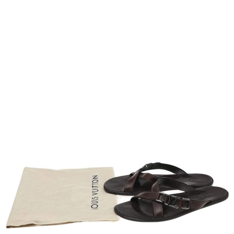 Pre Owned Louis Vuitton Dark Brown Leather Logo Cross Strap Flat Slides Sandals Size 41