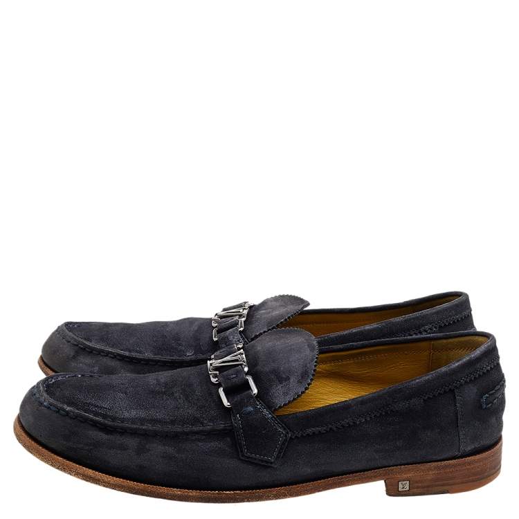Pre Owned Louis Vuitton Blue Suede Major Slip On Loafers Size 45