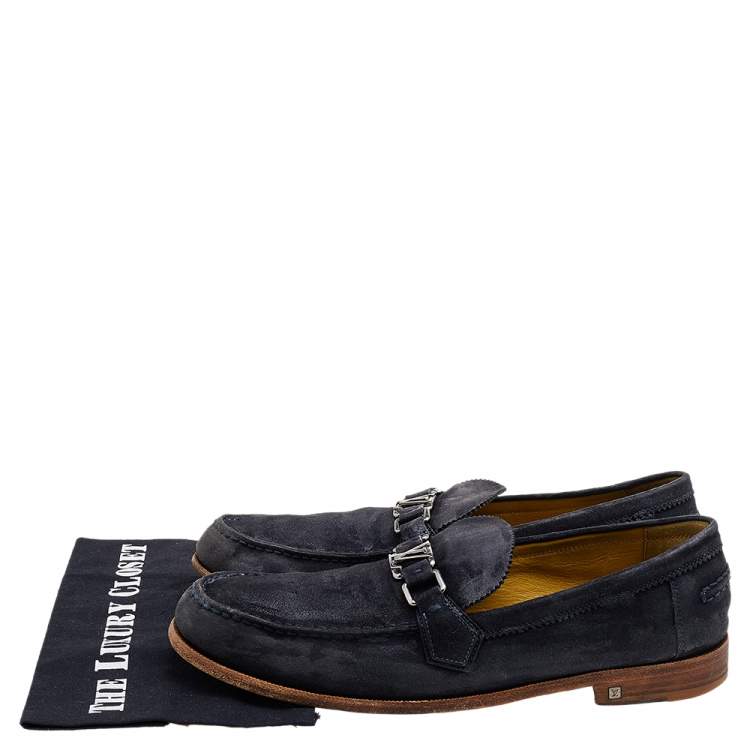 Pre Owned Louis Vuitton Blue Suede Major Slip On Loafers Size 45