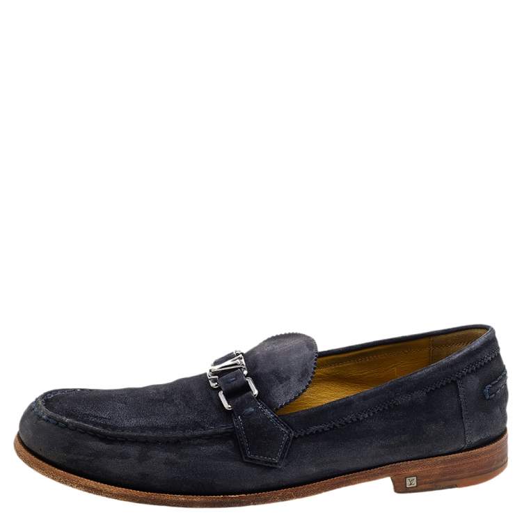 Pre Owned Louis Vuitton Blue Suede Major Slip On Loafers Size 45