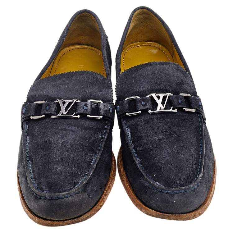 Pre Owned Louis Vuitton Blue Suede Major Slip On Loafers Size 45