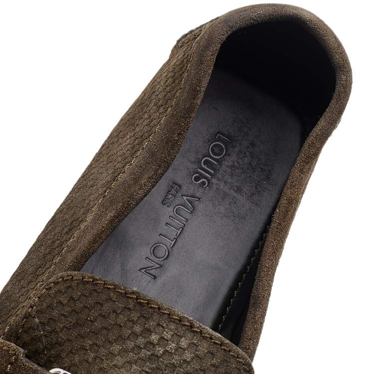 Pre Owned Louis Vuitton Olive Green Textured Suede Monte Carlo Slip On Loafers Size 47