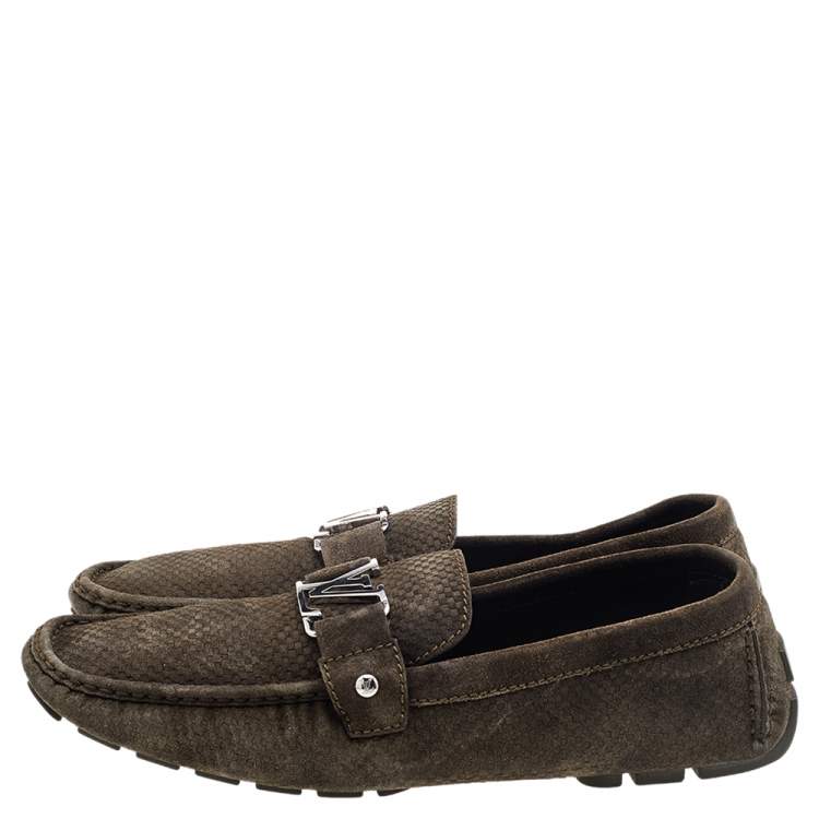 Pre Owned Louis Vuitton Olive Green Textured Suede Monte Carlo Slip On Loafers Size 47