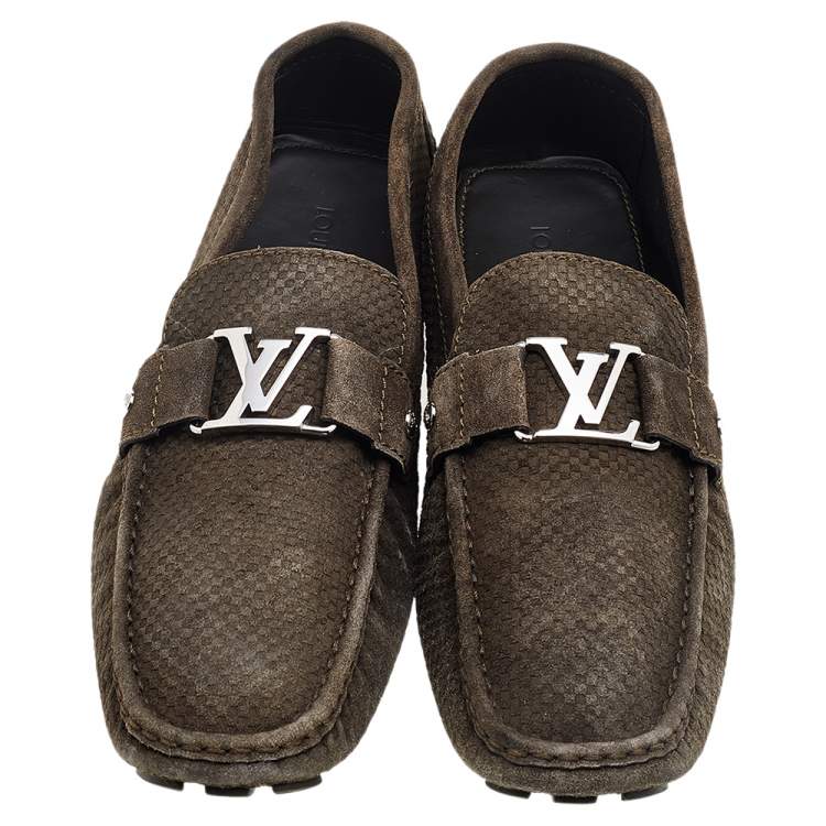 Pre Owned Louis Vuitton Olive Green Textured Suede Monte Carlo Slip On Loafers Size 47