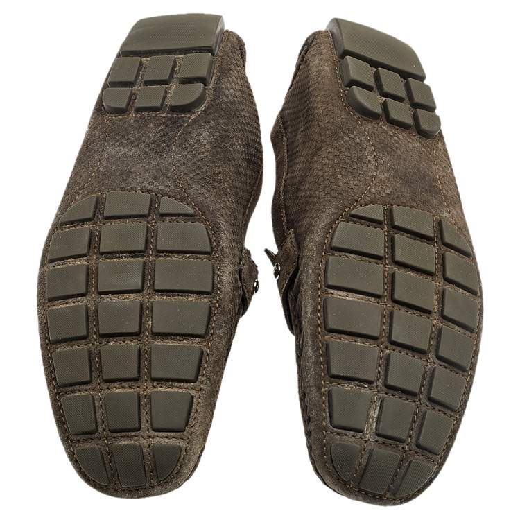 Pre Owned Louis Vuitton Olive Green Textured Suede Monte Carlo Slip On Loafers Size 47