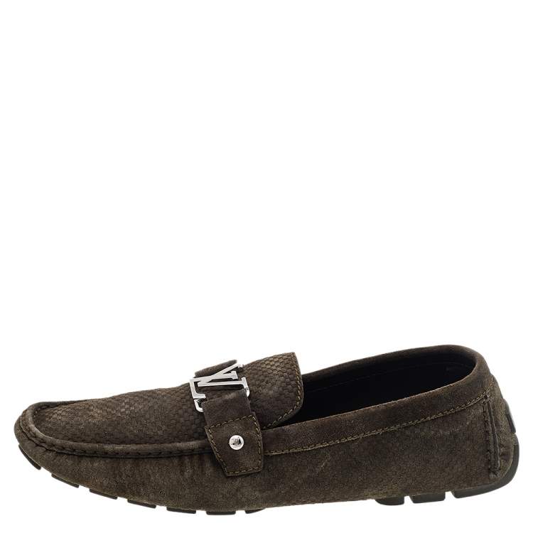 Pre Owned Louis Vuitton Olive Green Textured Suede Monte Carlo Slip On Loafers Size 47