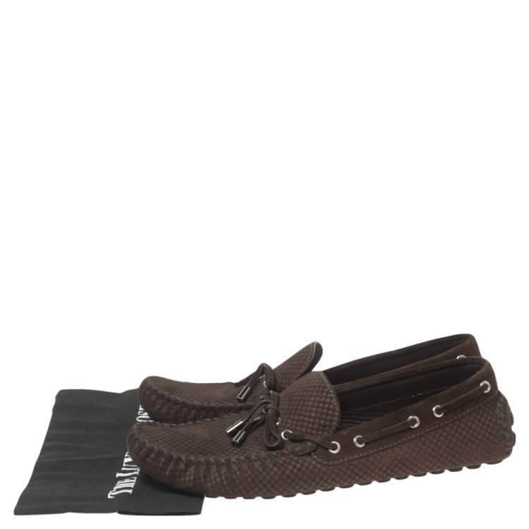 Pre Owned Louis Vuitton Brown Petit Damier Suede Bow Loafers Size 44