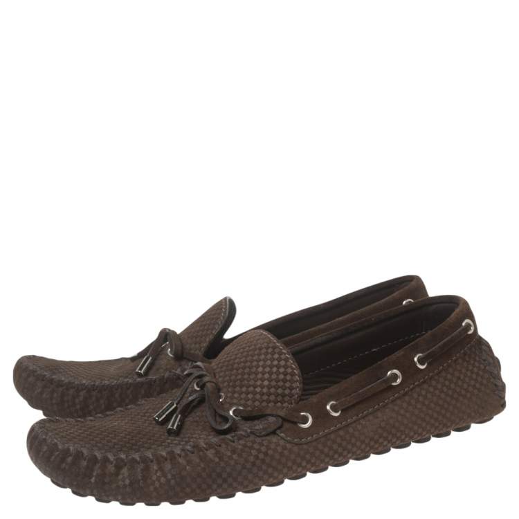 Pre Owned Louis Vuitton Brown Petit Damier Suede Bow Loafers Size 44