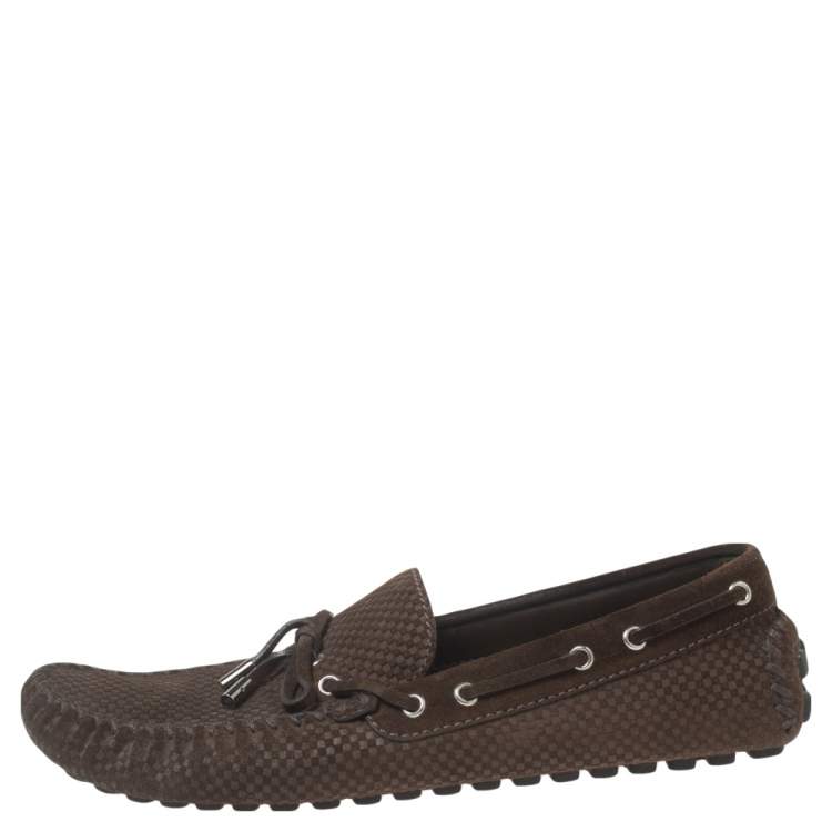 Pre Owned Louis Vuitton Brown Petit Damier Suede Bow Loafers Size 44