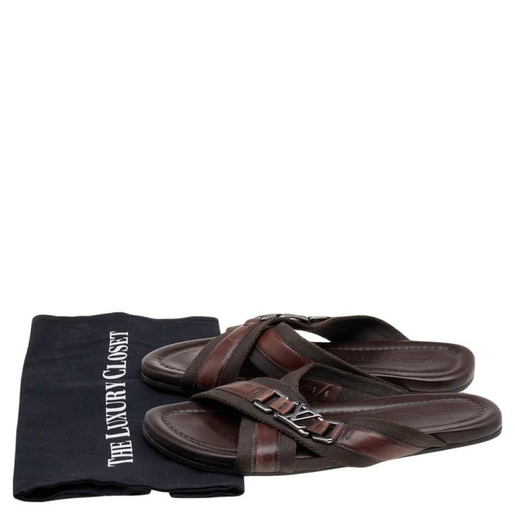 Pre Owned Louis Vuitton Brown Leather And Fabric Cross Strap Logo Flat Sandals Size 40
