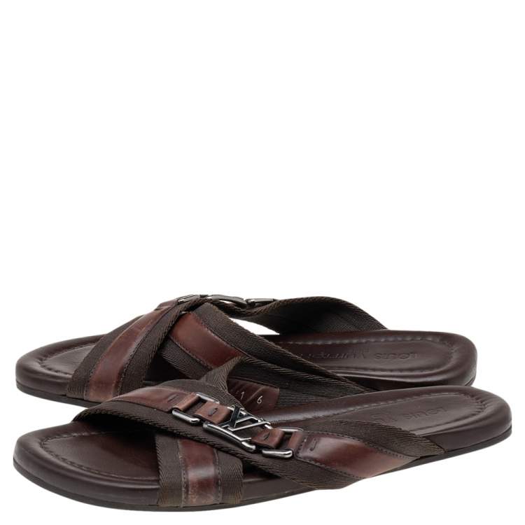 Pre Owned Louis Vuitton Brown Leather And Fabric Cross Strap Logo Flat Sandals Size 40