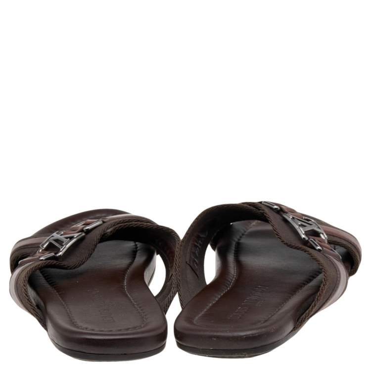 Pre Owned Louis Vuitton Brown Leather And Fabric Cross Strap Logo Flat Sandals Size 40