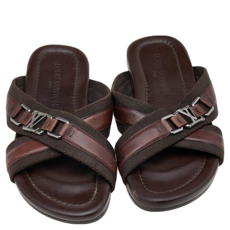 Pre Owned Louis Vuitton Brown Leather And Fabric Cross Strap Logo Flat Sandals Size 40