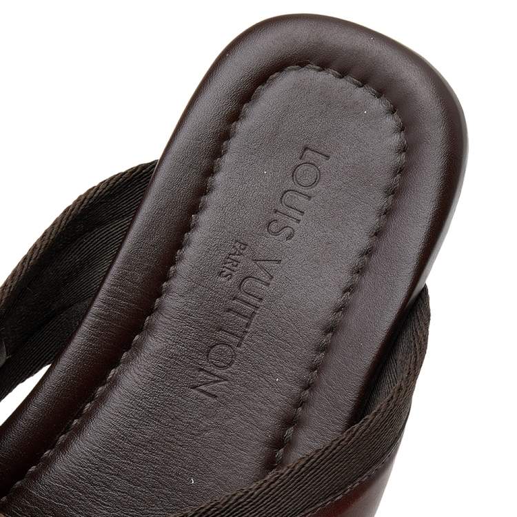 Pre Owned Louis Vuitton Brown Leather And Fabric Cross Strap Logo Flat Sandals Size 40