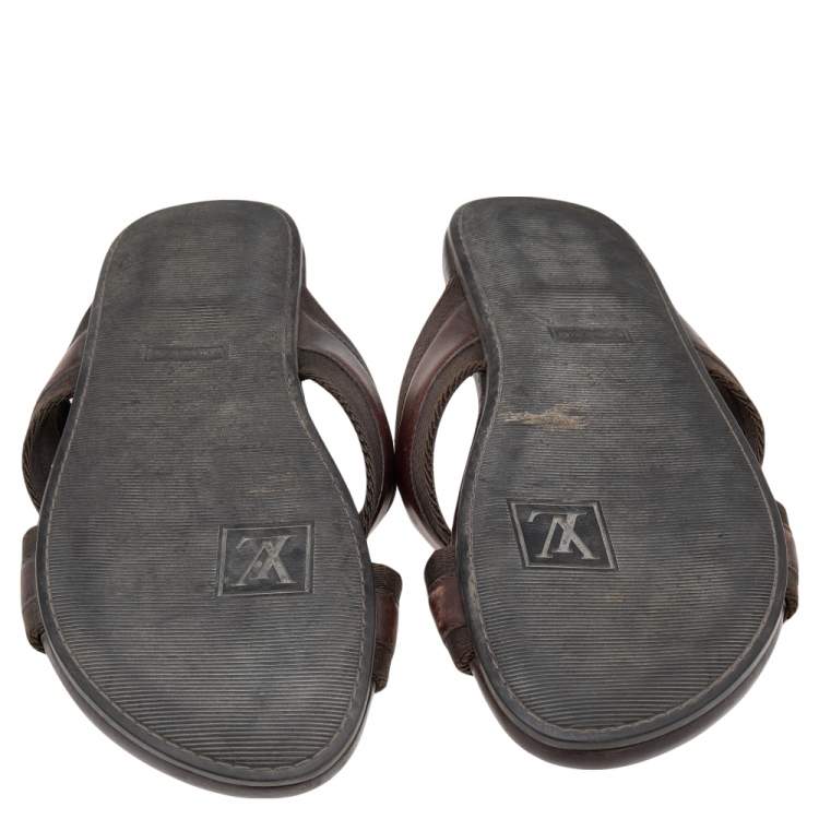 Pre Owned Louis Vuitton Brown Leather And Fabric Cross Strap Logo Flat Sandals Size 40