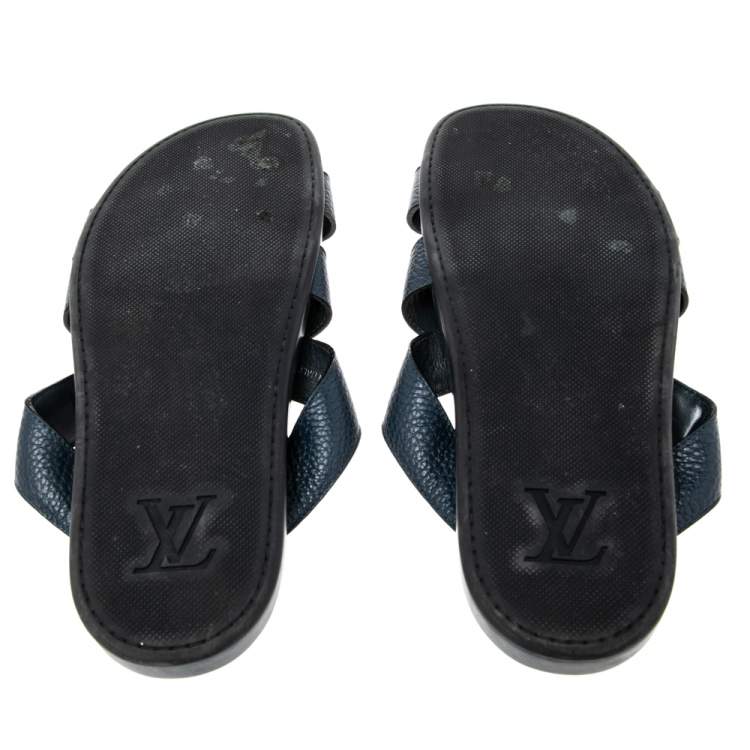 Pre Owned Louis Vuitton Navy Blue Leather Criss Cross Strap Flat Slides Size 44.5