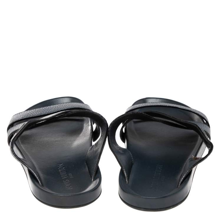 Pre Owned Louis Vuitton Navy Blue Leather Criss Cross Strap Flat Slides Size 44.5