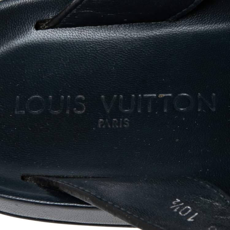 Pre Owned Louis Vuitton Navy Blue Leather Criss Cross Strap Flat Slides Size 44.5