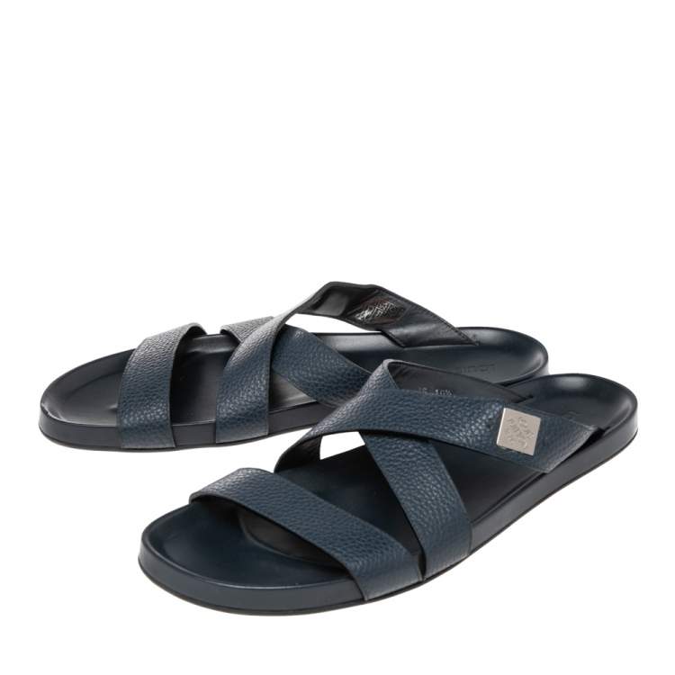 Pre Owned Louis Vuitton Navy Blue Leather Criss Cross Strap Flat Slides Size 44.5