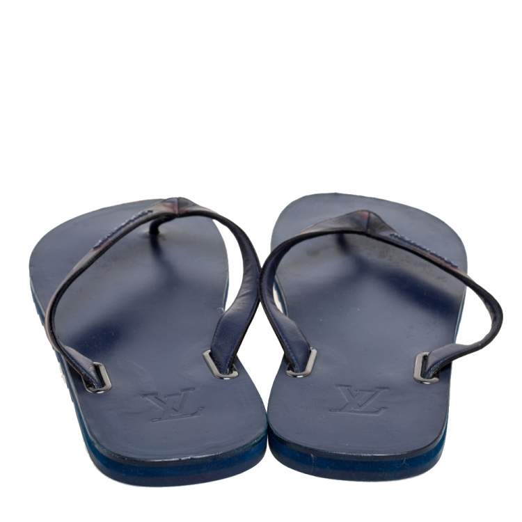 Pre Owned Louis Vuitton Navy Blue Leather Molitor Thong Flats Size 44.5