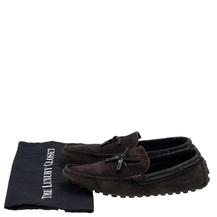 Pre Owned Louis Vuitton Dark Brown/Black Suede And Leather Logo Bow Slip On Loafers Size 43