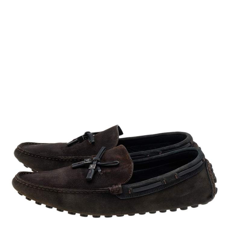 Pre Owned Louis Vuitton Dark Brown/Black Suede And Leather Logo Bow Slip On Loafers Size 43