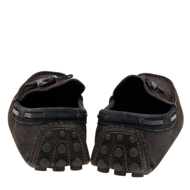 Pre Owned Louis Vuitton Dark Brown/Black Suede And Leather Logo Bow Slip On Loafers Size 43