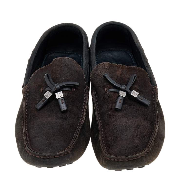 Pre Owned Louis Vuitton Dark Brown/Black Suede And Leather Logo Bow Slip On Loafers Size 43