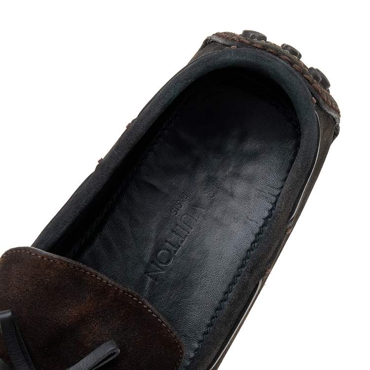 Pre Owned Louis Vuitton Dark Brown/Black Suede And Leather Logo Bow Slip On Loafers Size 43