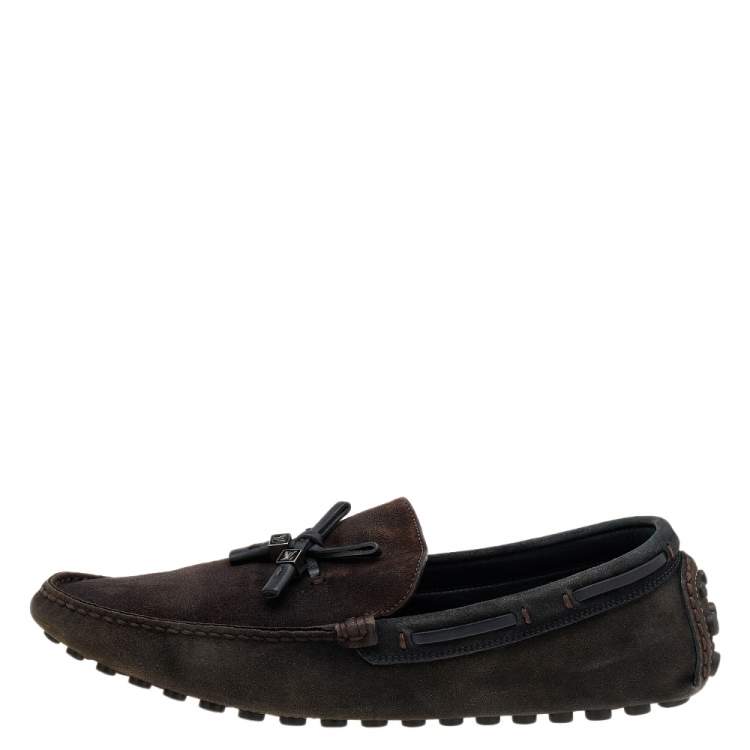 Pre Owned Louis Vuitton Dark Brown/Black Suede And Leather Logo Bow Slip On Loafers Size 43