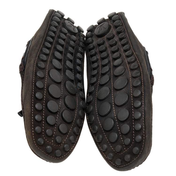 Pre Owned Louis Vuitton Dark Brown/Black Suede And Leather Logo Bow Slip On Loafers Size 43