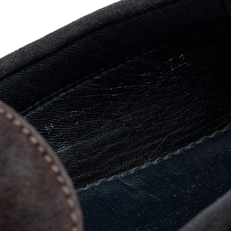 Pre Owned Louis Vuitton Dark Brown/Black Suede And Leather Logo Bow Slip On Loafers Size 43