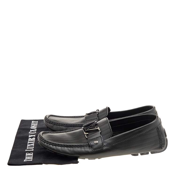 Pre Owned Louis Vuitton Dark Olive Green Textured Leather Monte Carlo Slip On Loafers Size 42.5