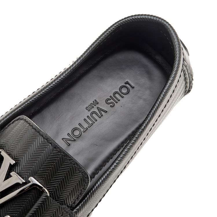 Pre Owned Louis Vuitton Dark Olive Green Textured Leather Monte Carlo Slip On Loafers Size 42.5