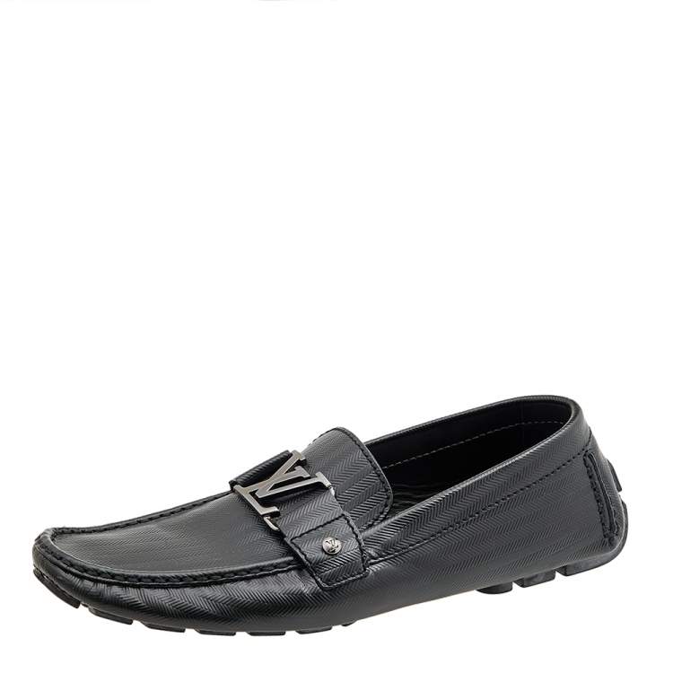 Pre Owned Louis Vuitton Dark Olive Green Textured Leather Monte Carlo Slip On Loafers Size 42.5