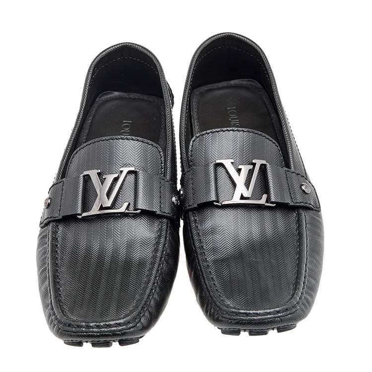 Pre Owned Louis Vuitton Dark Olive Green Textured Leather Monte Carlo Slip On Loafers Size 42.5