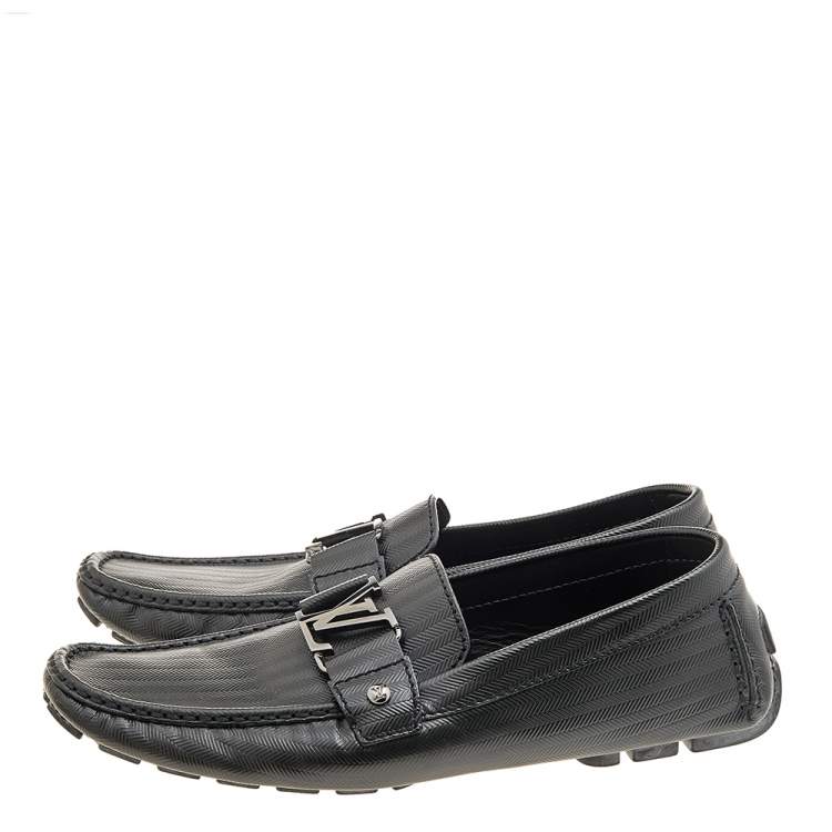 Pre Owned Louis Vuitton Dark Olive Green Textured Leather Monte Carlo Slip On Loafers Size 42.5
